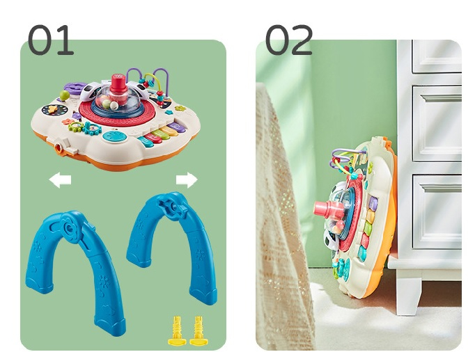 Masuta interactiva, muzicala, 2 in 1, cu 2 fete, centru de activitati pentru bebelusi, pian, volan, labirint, ceas, trenulet si fata cu masa pentru LEGO si 30 piese, albastru, Edujucarii [6]