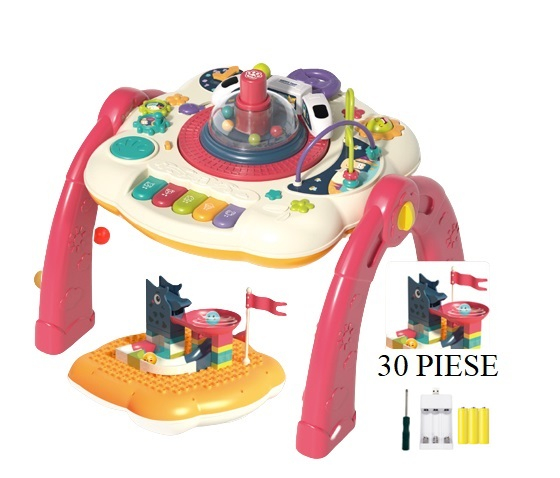 Masuta interactiva, muzicala, 2 in 1, cu 2 fete, centru de activitati pentru bebelusi, pian, volan, labirint, ceas, trenulet si fata cu masa pentru LEGO si 30 piese, rosu, Edujucarii [2]