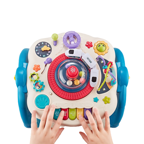 Masuta interactiva, muzicala, 2 in 1, cu 2 fete, centru de activitati pentru bebelusi, pian, volan, labirint, ceas, trenulet si fata cu masa pentru LEGO si 30 piese, albastru, Edujucarii [3]