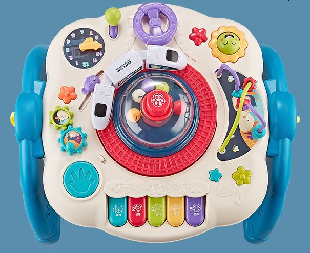 Masuta interactiva, muzicala, 2 in 1, cu 2 fete, centru de activitati pentru bebelusi, pian, volan, labirint, ceas, trenulet si fata cu masa pentru LEGO si 30 piese, albastru, Edujucarii [5]