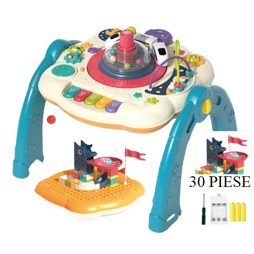 Masuta interactiva, muzicala, 2 in 1, cu 2 fete, centru de activitati pentru bebelusi, pian, volan, labirint, ceas, trenulet si fata cu masa pentru LEGO si 30 piese, albastru, Edujucarii [2]