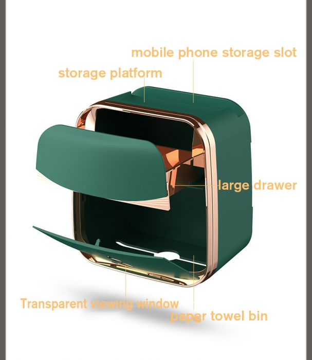 Organizator de Baie cu Sertar pentru Servetele si Suport Hartie Igienica 3-in-1 cu Tava si Suport pentru Telefon si Accesorii, Compartimentat [5]