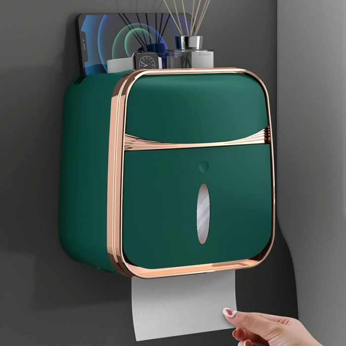 Organizator de Baie cu Sertar pentru Servetele si Suport Hartie Igienica 3-in-1 cu Tava si Suport pentru Telefon si Accesorii, Compartimentat, Culoare verde [7]