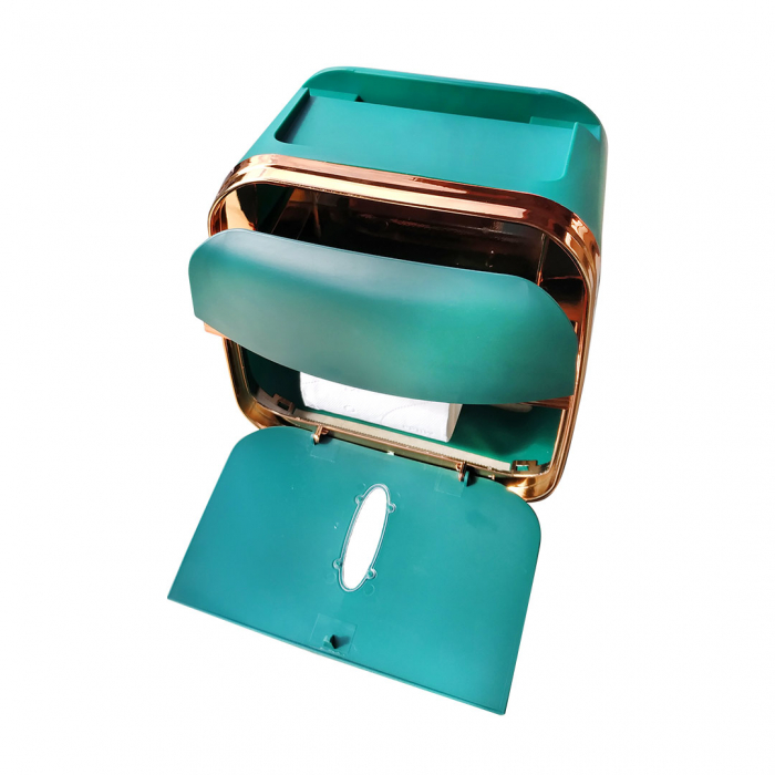 Organizator de Baie cu Sertar pentru Servetele si Suport Hartie Igienica 3-in-1 cu Tava si Suport pentru Telefon si Accesorii, Compartimentat, Culoare verde [4]