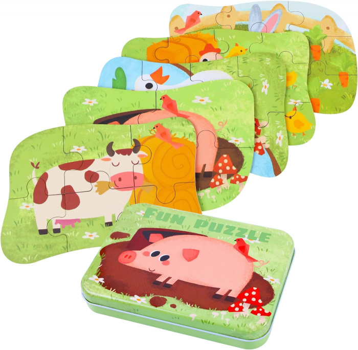 Pachet 3 Seturi de cate  5 Puzzles pentru incepatori, Diferite Nivele de Complexitate, Cutii Metalice, Masini, Animale Salbatice si Animale Domestice, 117 piese, 3 ani + [13]