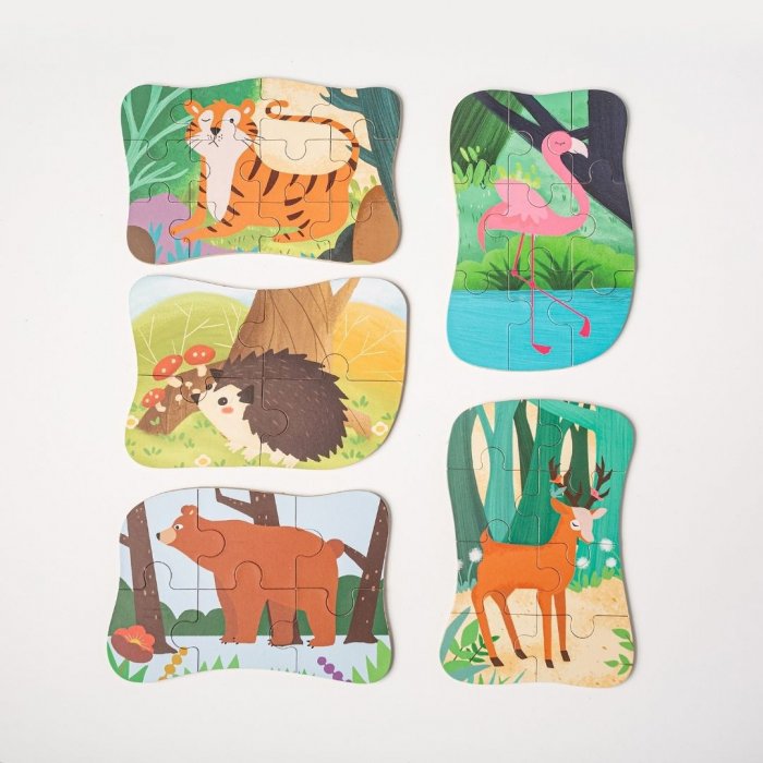 Pachet 3 Seturi de cate  5 Puzzles pentru incepatori, Diferite Nivele de Complexitate, Cutii Metalice, Printese, zane si sirene, Flamingo si animale de padure, Animale polare, 117 piese, 3 ani + [16]