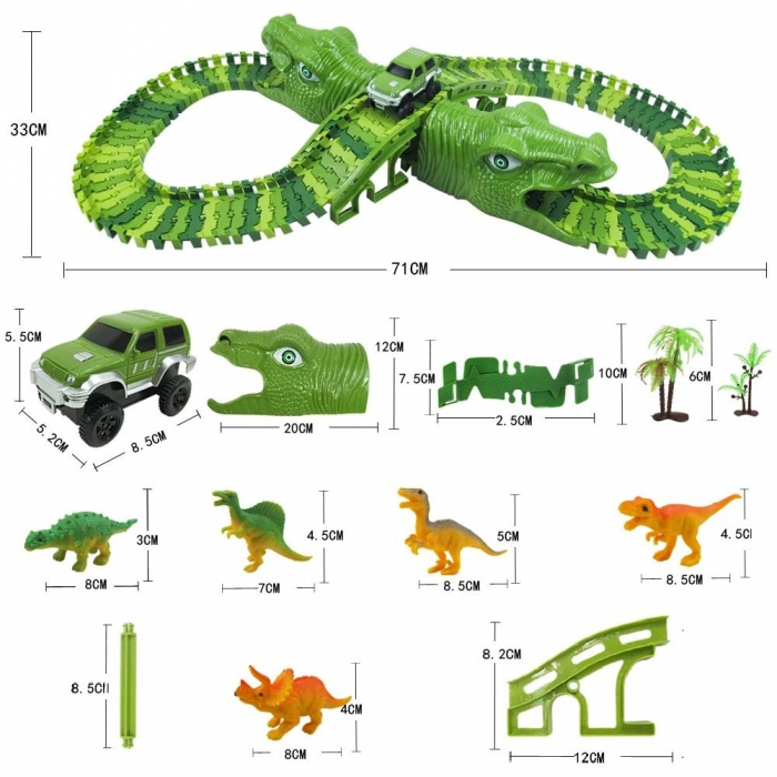 Pista de curse Dinozaur Parc cu masinuta electrica, 168 de piese pentru constructia circuitului, 6 dinozauri diferiti si accesorii de decor, 3 ani+ [10]