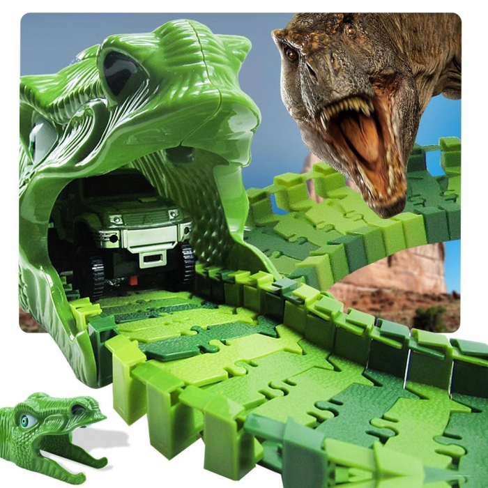 Pista de curse Dinozaur Parc cu masinuta electrica, 168 de piese pentru constructia circuitului, 6 dinozauri diferiti si accesorii de decor, 3 ani+ [5]