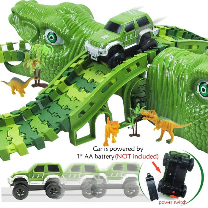 Pista de curse Dinozaur Parc cu masinuta electrica, 320 de piese pentru constructia circuitului, 8 dinozauri diferiti si accesorii de decor, 3 ani+ [5]