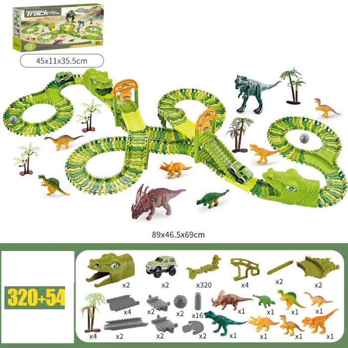 Pista de curse Dinozaur Parc cu masinuta electrica, 320 de piese pentru constructia circuitului, 8 dinozauri diferiti si accesorii de decor, 3 ani+ [2]