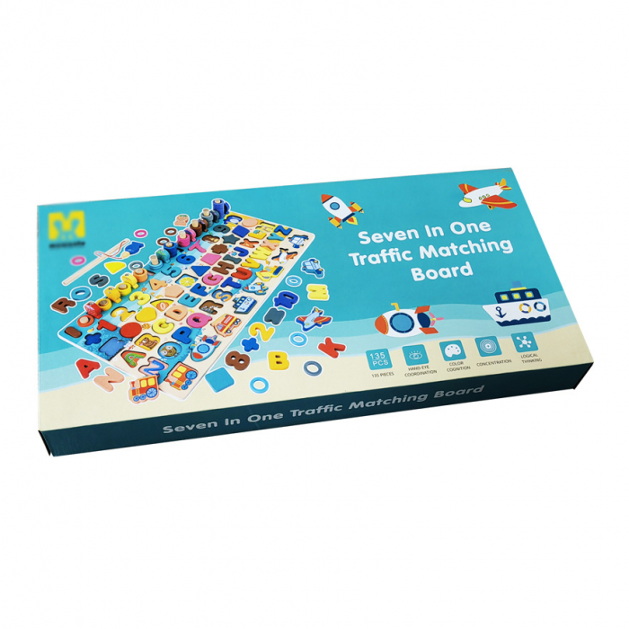 Placa Montessori 7 in 1, Joc logaritmic cu multiple activitati, Puzzle cu cifre, litere,  forme geometrice, mijloace de transport,  Joc de pescuit, 3ani+, EduJucarii [9]