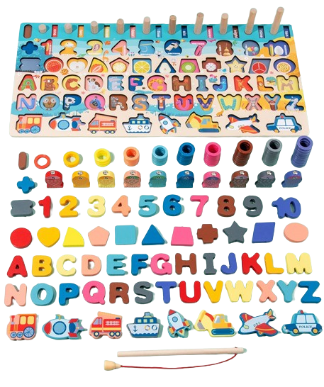 Placa Montessori 7 in 1, Joc logaritmic cu multiple activitati, Puzzle cu cifre, litere,  forme geometrice, mijloace de transport,  Joc de pescuit, 3ani+, EduJucarii [7]
