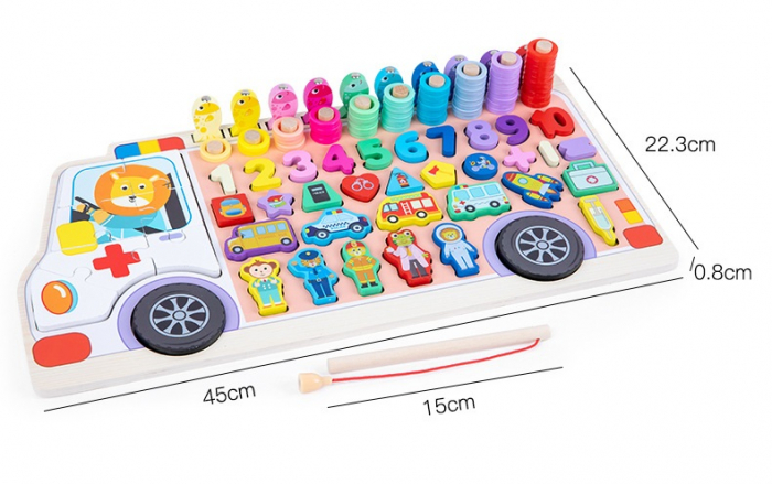 Placa Montessori 6 in 1 in Forma de salvare, Joc logaritmic cu multiple activitati, Puzzle cu cifre, litere, forme geometrice, mijloace de transport, ustensile medicale, Joc de pescuit, 3ani+,  EduJuc [3]