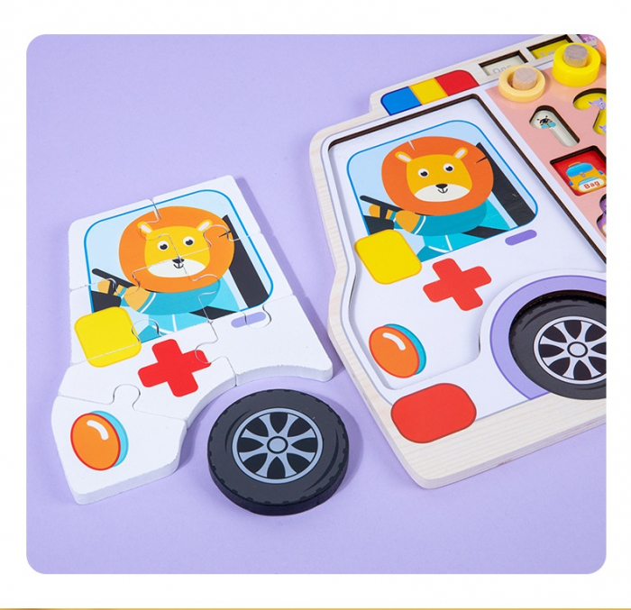 Placa Montessori 6 in 1 in Forma de salvare, Joc logaritmic cu multiple activitati, Puzzle cu cifre, litere, forme geometrice, mijloace de transport, ustensile medicale, Joc de pescuit, 3ani+,  EduJuc [5]