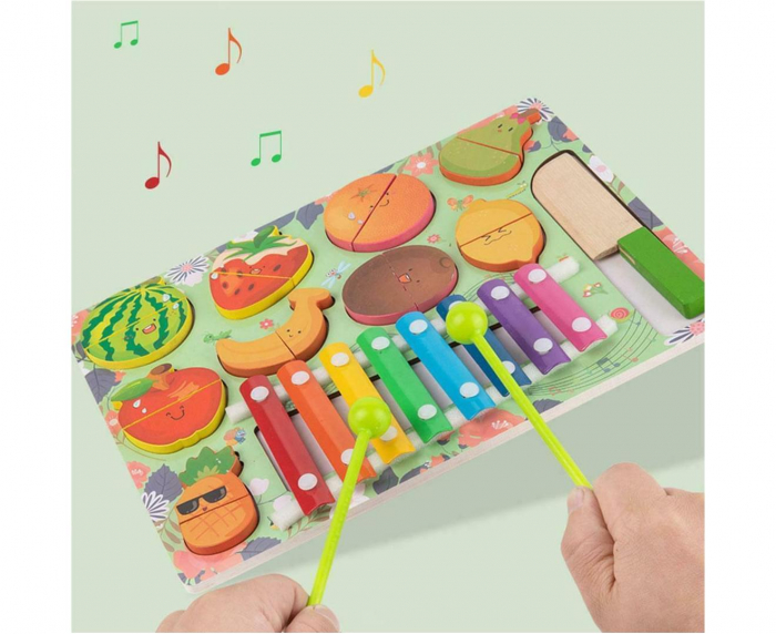 Placa montessori din lemn 3 in 1, Puzzle educativ pentru copii cu xilofon si fructe pentru feliere [7]