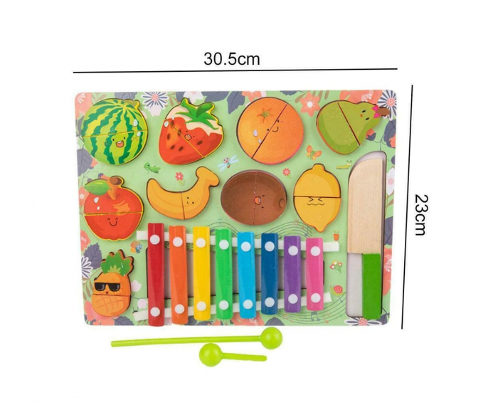 Placa montessori din lemn 3 in 1, Puzzle educativ pentru copii cu xilofon si fructe pentru feliere [6]