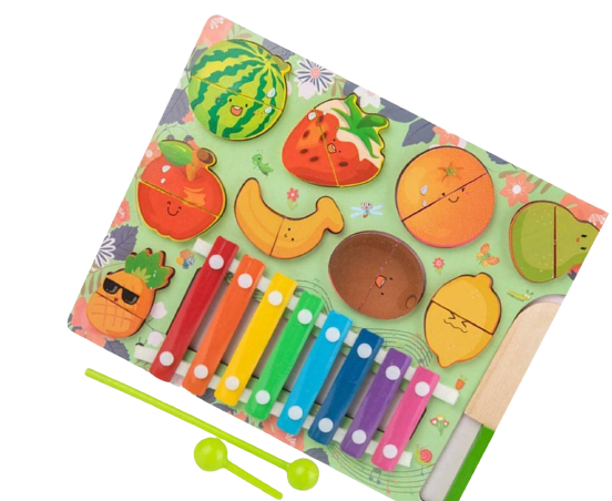Placa montessori din lemn 3 in 1, Puzzle educativ pentru copii cu xilofon si fructe pentru feliere [3]
