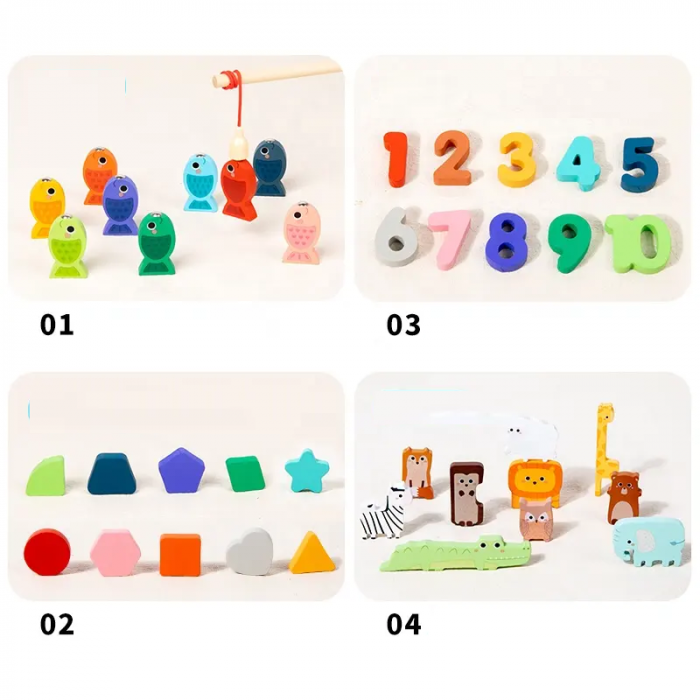 Placa Montessori, Joc logaritmic cu 4 activitati, Puzzle tetris cu animale, cifre si forme geometrice, Joc de pescuit, Irregular Puzzle Logarithmic Board, 3 ani+, EduJucarii [2]