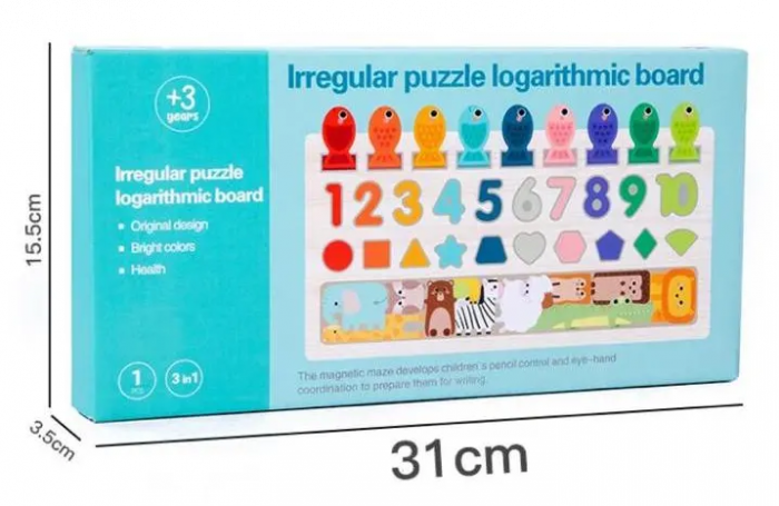 Placa Montessori, Joc logaritmic cu 4 activitati, Puzzle tetris cu animale, cifre si forme geometrice, Joc de pescuit, Irregular Puzzle Logarithmic Board, 3 ani+, EduJucarii [4]