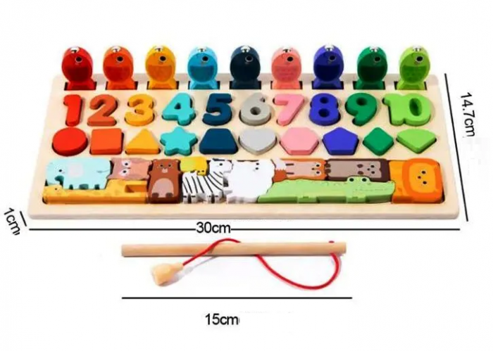 Placa Montessori, Joc logaritmic cu 4 activitati, Puzzle tetris cu animale, cifre si forme geometrice, Joc de pescuit, Irregular Puzzle Logarithmic Board, 3 ani+, EduJucarii [3]
