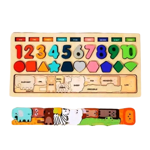 Placa Montessori, Joc logaritmic cu 4 activitati, Puzzle tetris cu animale, cifre si forme geometrice, Joc de pescuit, Irregular Puzzle Logarithmic Board, 3 ani+, EduJucarii [8]