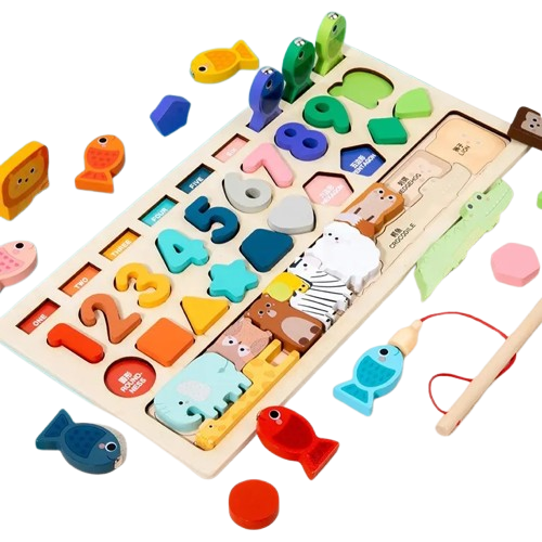 Placa Montessori, Joc logaritmic cu 4 activitati, Puzzle tetris cu animale, cifre si forme geometrice, Joc de pescuit, Irregular Puzzle Logarithmic Board, 3 ani+, EduJucarii [9]