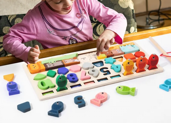 Placa Montessori, Joc logaritmic cu 4 activitati, Puzzle tetris cu animale, cifre si forme geometrice, Joc de pescuit, Irregular Puzzle Logarithmic Board, 3 ani+, EduJucarii [5]