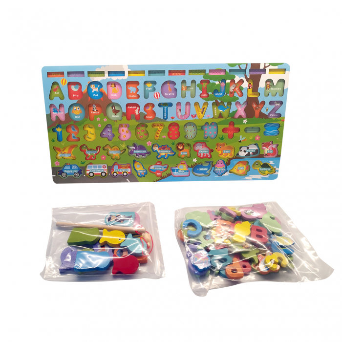 Placa Montessori, Joc logaritmic cu multiple activitati, Puzzle cu animale, cifre, litere, mijloace de transport,  Joc de pescuit, 5 activitati [3]