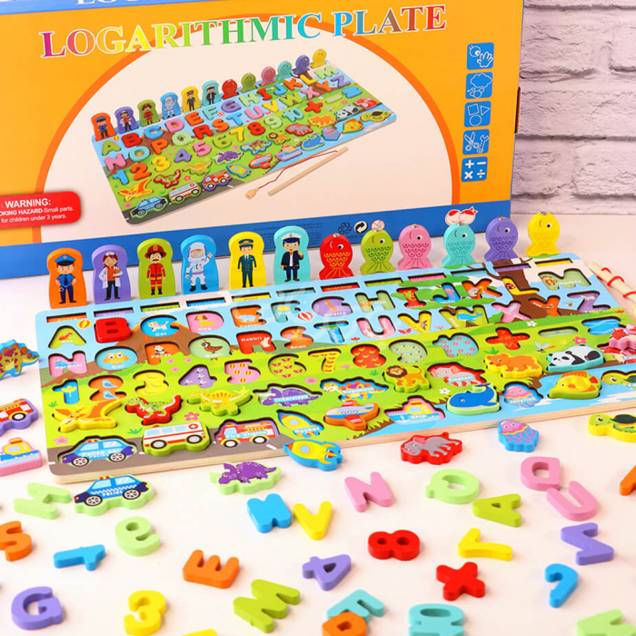 Placa Montessori, Joc logaritmic cu multiple activitati, Puzzle cu animale, cifre, litere, mijloace de transport,  Joc de pescuit, 5 activitati [1]