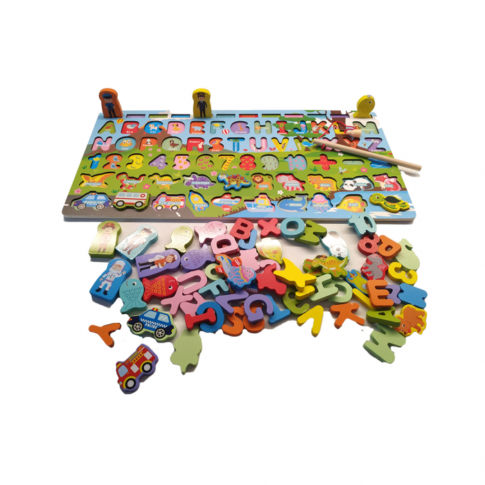 Placa Montessori, Joc logaritmic cu multiple activitati, Puzzle cu animale, cifre, litere, mijloace de transport,  Joc de pescuit, 5 activitati [5]