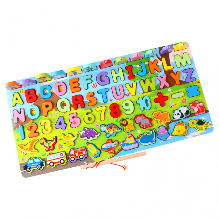 Placa Montessori, Joc logaritmic cu multiple activitati, Puzzle cu animale, cifre, litere, mijloace de transport,  Joc de pescuit, 5 activitati [2]