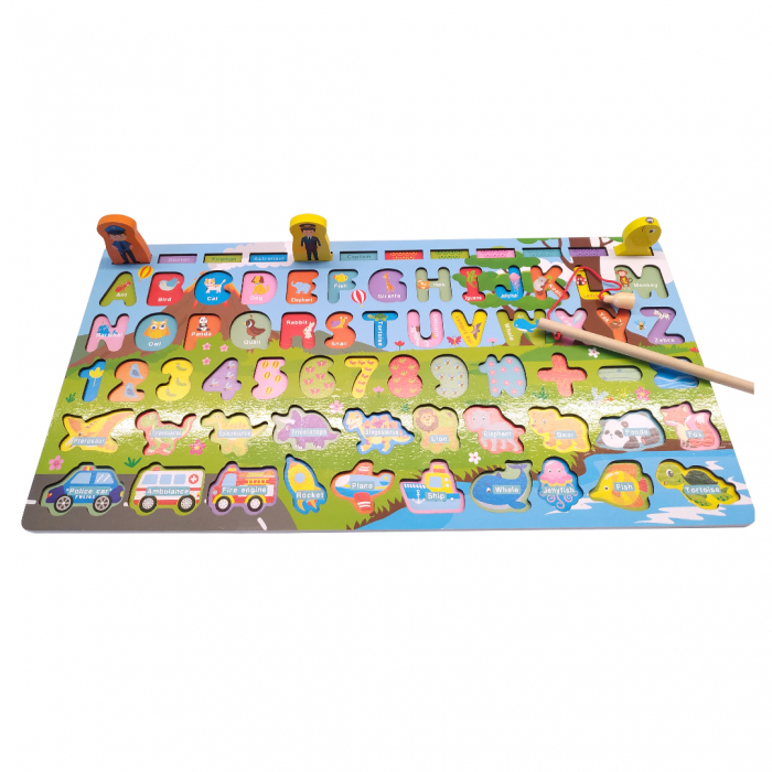 Placa Montessori, Joc logaritmic cu multiple activitati, Puzzle cu animale, cifre, litere, mijloace de transport,  Joc de pescuit, 5 activitati [4]