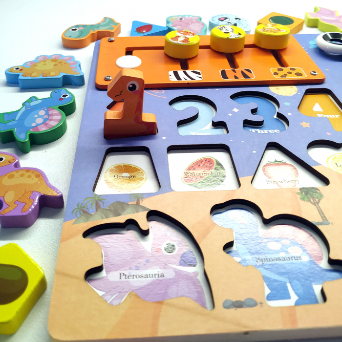 Placa Montessori, Joc logaritmic cu multiple activitati, Puzzle cu dinozauri, forme, numere, fructe, Joc de pescuit, spinner, Aritmetic spinner, 7 activitati [3]