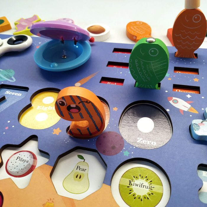 Placa Montessori, Joc logaritmic cu multiple activitati, Puzzle cu dinozauri, forme, numere, fructe, Joc de pescuit, spinner, Aritmetic spinner, 7 activitati [5]