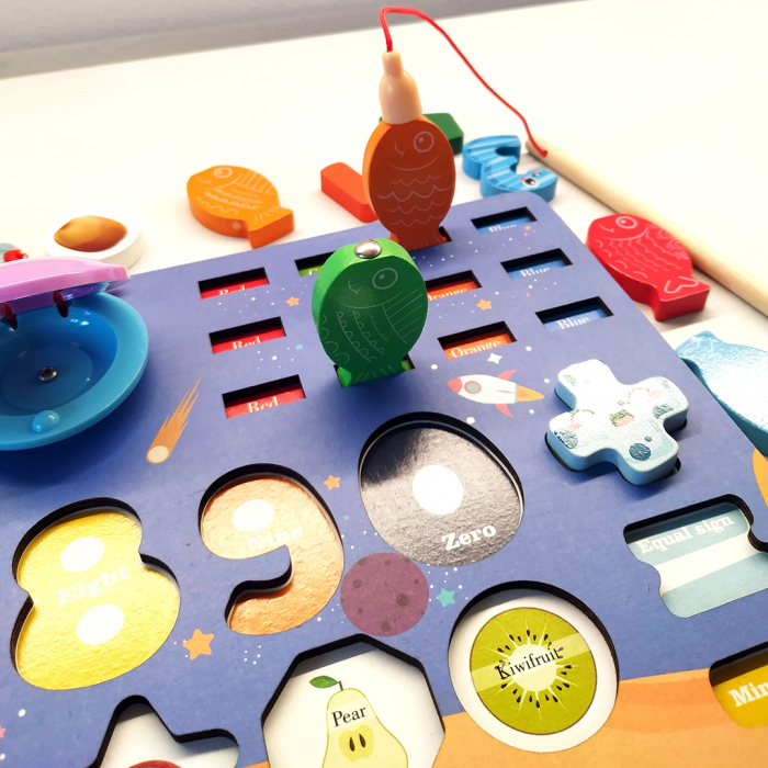 Placa Montessori, Joc logaritmic cu multiple activitati, Puzzle cu dinozauri, forme, numere, fructe, Joc de pescuit, spinner, Aritmetic spinner, 7 activitati [4]