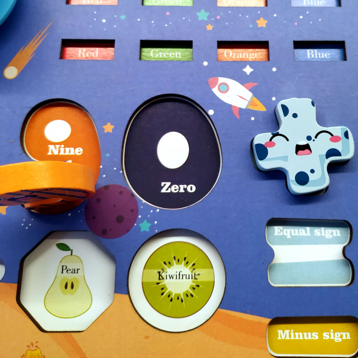 Placa Montessori, Joc logaritmic cu multiple activitati, Puzzle cu dinozauri, forme, numere, fructe, Joc de pescuit, spinner, Aritmetic spinner, 7 activitati [8]