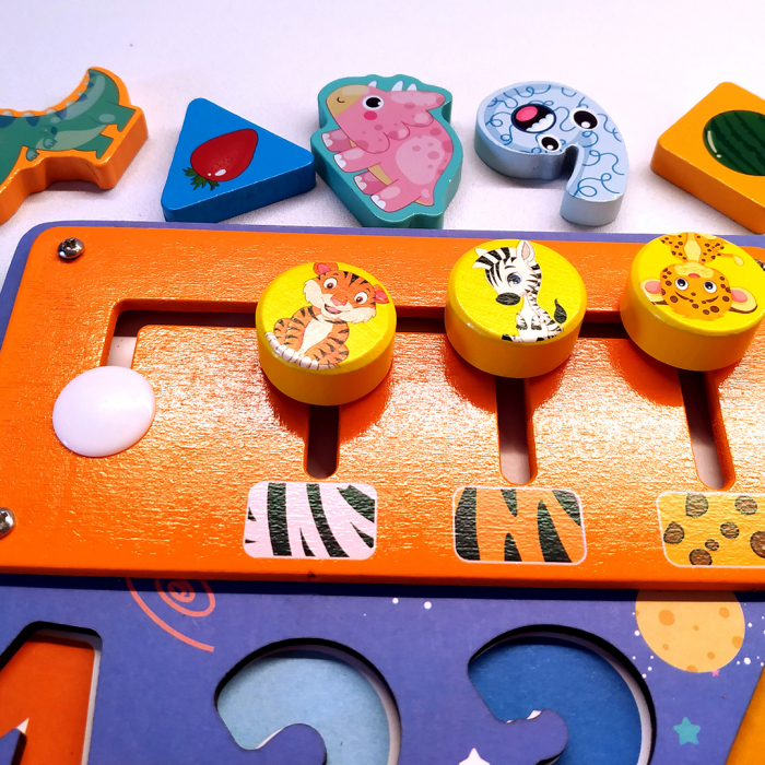 Placa Montessori, Joc logaritmic cu multiple activitati, Puzzle cu dinozauri, forme, numere, fructe, Joc de pescuit, spinner, Aritmetic spinner, 7 activitati [6]