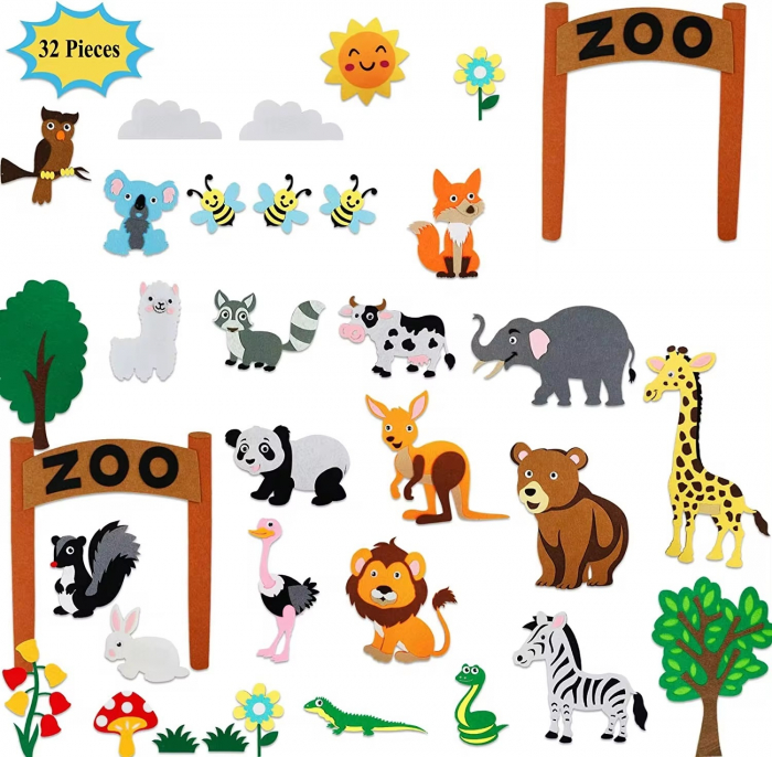 Plansa educativa si interactiva Montessori, fetru, agatatoare perete, 32 elemente de prindere cu scai, Animale ZOO, 105 x 75 cm, 3 ani+, EduJucarii [3]