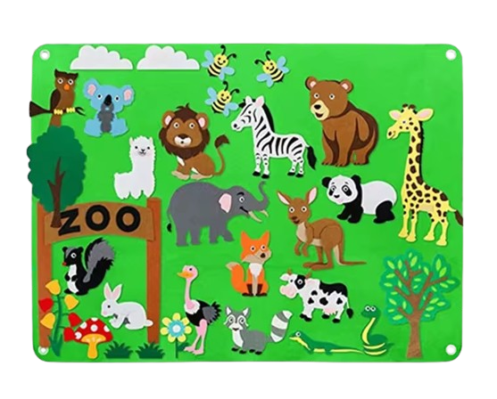 Plansa educativa si interactiva Montessori, fetru, agatatoare perete, 32 elemente de prindere cu scai, Animale ZOO, 105 x 75 cm, 3 ani+, EduJucarii [1]