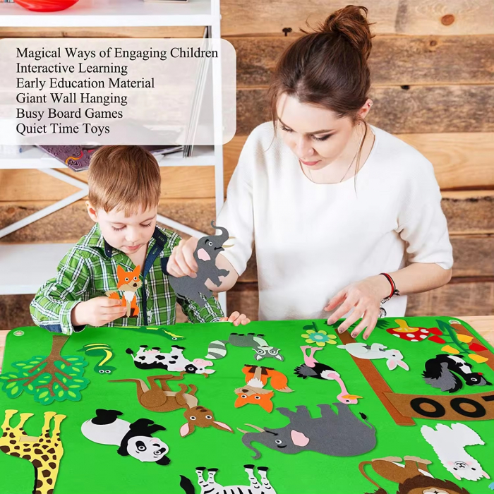 Plansa educativa si interactiva Montessori, fetru, agatatoare perete, 32 elemente de prindere cu scai, Animale ZOO, 105 x 75 cm, 3 ani+, EduJucarii [7]