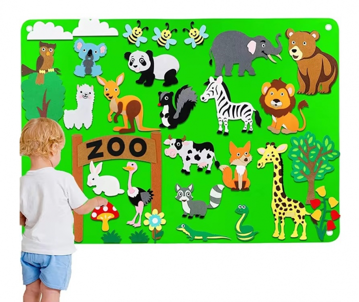 Plansa educativa si interactiva Montessori, fetru, agatatoare perete, 32 elemente de prindere cu scai, Animale ZOO, 105 x 75 cm, 3 ani+, EduJucarii [2]