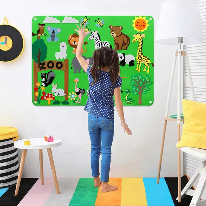 Plansa educativa si interactiva Montessori, fetru, agatatoare perete, 32 elemente de prindere cu scai, Animale ZOO, 105 x 75 cm, 3 ani+, EduJucarii [5]