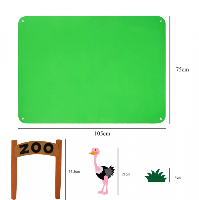 Plansa educativa si interactiva Montessori, fetru, agatatoare perete, 32 elemente de prindere cu scai, Animale ZOO, 105 x 75 cm, 3 ani+, EduJucarii [4]
