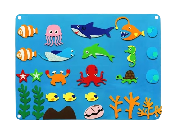 Plansa educativa si interactiva Montessori, fetru, agatatoare perete, 27 elemente de prindere cu scai, Ocean, 105 x 75 cm, 3 ani+, EduJucarii [1]