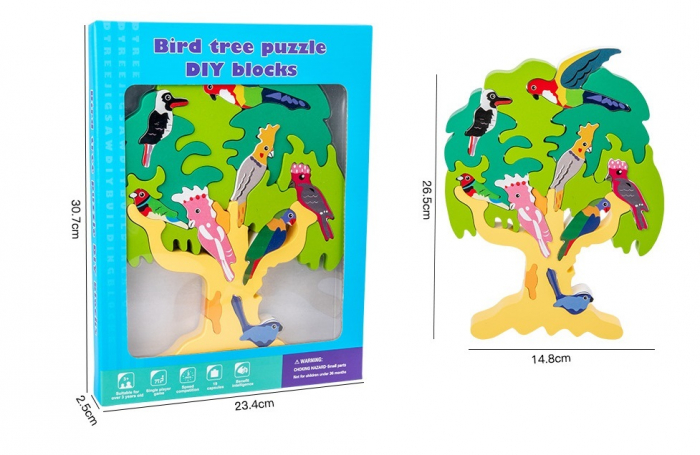 Puzzle 3D din lemn, Copac cu pasari, 19 piese, EduJucarii, 3 ani+ [3]