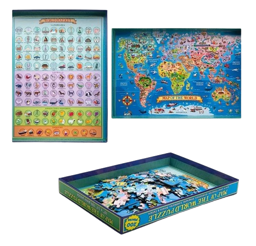 Puzzle cu harta lumii, Tari, Arhitectura, Geografie, Atractii Turistice, Oceane, Cultura, 200 de piese, 36 x 48 cm, 8 ani + [3]