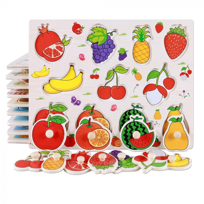 Puzzle educativ pentru copii, lemn, piese cu maner, fructe, 3 ani+, Edujucarii [2]