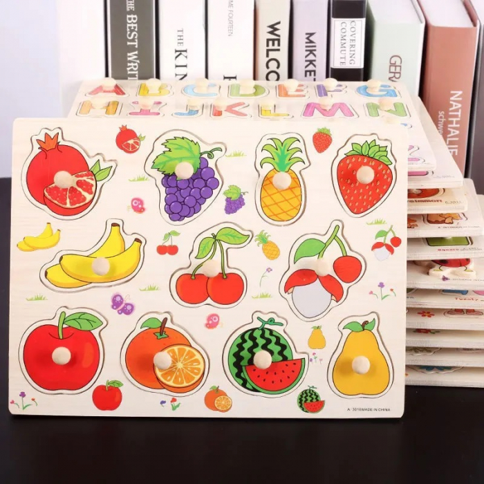 Puzzle educativ pentru copii, lemn, piese cu maner, fructe, 3 ani+, Edujucarii [5]