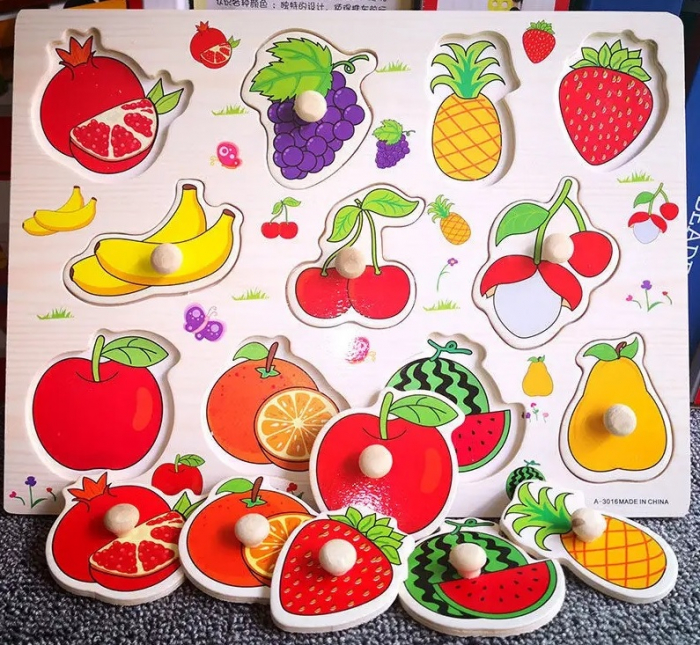 Puzzle educativ pentru copii, lemn, piese cu maner, fructe, 3 ani+, Edujucarii [6]