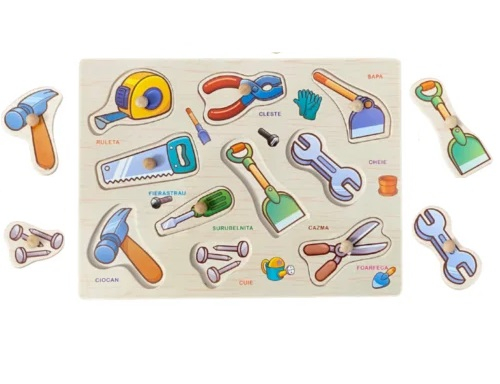 Puzzle educativ pentru copii, lemn, piese cu maner, scule, 3 ani+, Edujucarii [2]